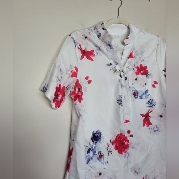Floral Lightweight Blouse Short Sleeve Notched Neckline Japanese Inspired Medium - Picture 7 of 10